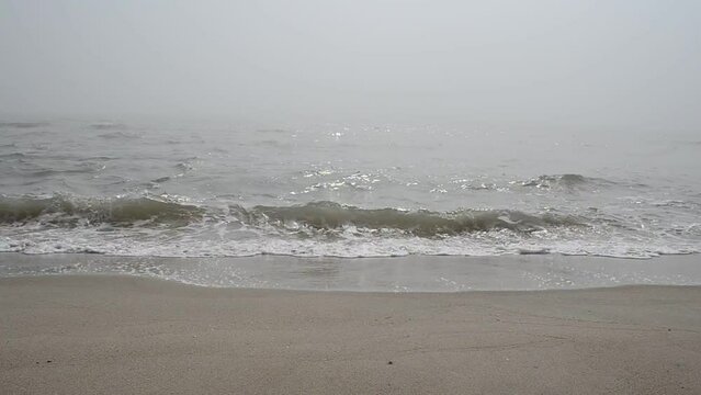 The sea beach in fog. Shooting on the beach.