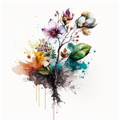 Painting of colorful flowers on a white background. Digital illustration AI