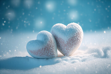Fototapeta premium Valentine concept. Hearts made of snow on a winter background. Beautiful, romantic background. Gen Art