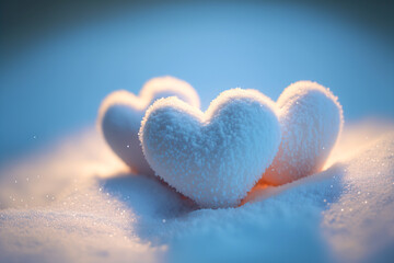 Fototapeta premium Valentine concept. Hearts made of snow on a winter background. Beautiful, romantic background. Gen Art