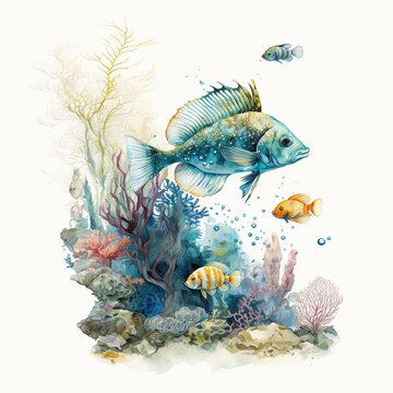 Coral fish painting, marine life, white background. Digital illustration AI