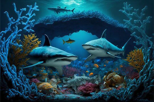 Seabed with sharks, fish and corals. Marine life. AI