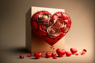 Valentine concept. A big red heart decorated with flowers. Beautiful, romantic background in red tones. Gen Art
