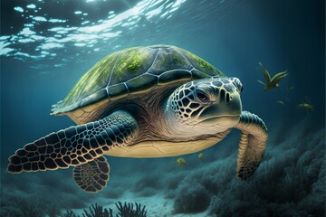Fototapeta premium Turtle illustration on ocean background. AI