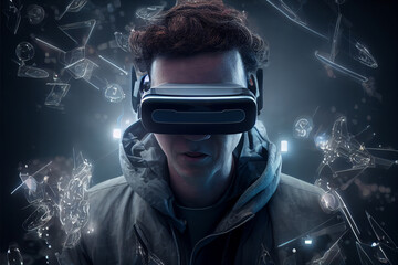 Young man using virtual reality headset, gadgets, technology concept.