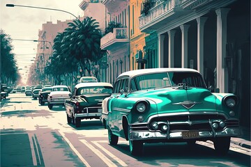 Fototapeta premium a painting of a street with cars driving down it and palm trees in the background, and a building with a clock on the top of it, and a street light pole with a.
