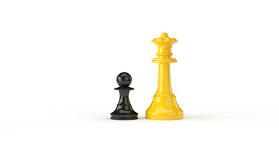 The yellow chess piece is a king and a black pawn. 3d illustration on the topic of chess games, business, banking, finance and intelligence. Minimal style. Transparent background.
