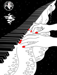 Women's hands play the piano. A metaphor. Sea.