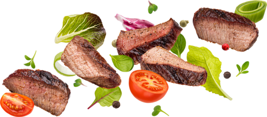 Falling steak salad ingredients isolated