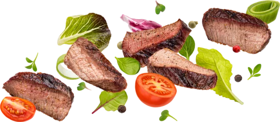 Poster Falling steak salad ingredients isolated © xamtiw