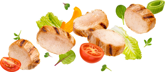 Grilled chicken slices with vegetables isolated