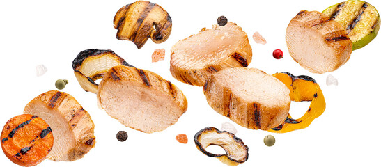 Grilled chicken slices and chopped vegetables isolated © xamtiw