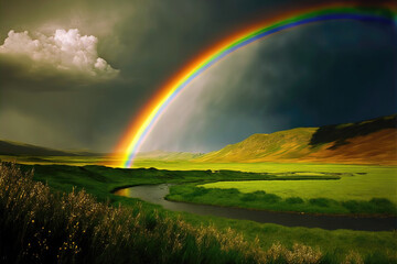 Rainbow in the green meadow. Generative AI