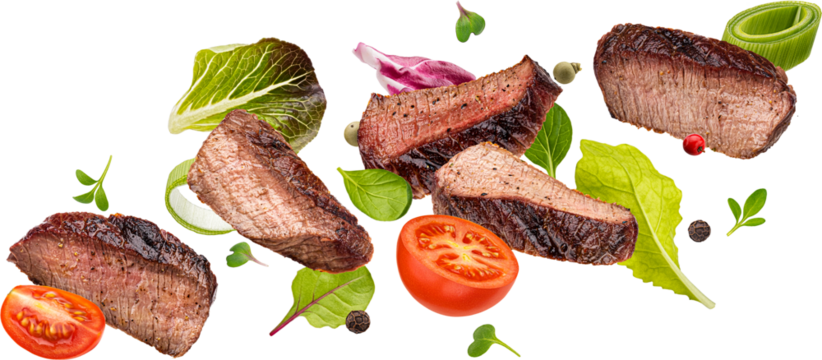 Falling steak salad ingredients isolated