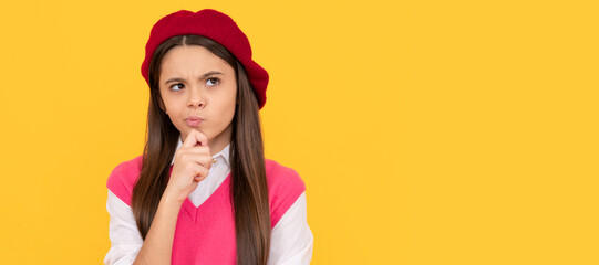 thoughtful teen school girl in french beret on yellow background, smart kid. Child face, horizontal poster, teenager girl isolated portrait, banner with copy space.