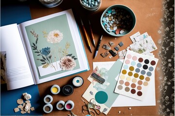 a table with a book, paint, and other items on it, including a pair of scissors, a book, and a cup of flowers and a pair of scissors on the table.