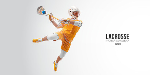 Plakat Realistic silhouette of a lacrosse player on white background. Lacrosse player man are throws the ball. Vector illustration