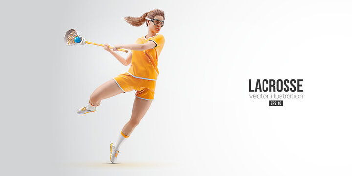 Realistic silhouette of a lacrosse player on white background. Lacrosse player woman are throws the ball. Vector illustration