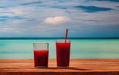 a glass of red juice on a wooden surface on the seashore 3d-rendeirng