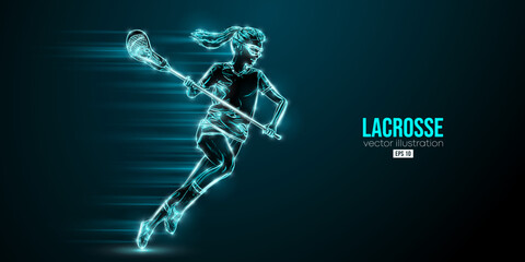 Abstract silhouette of a lacrosse player on black background. Lacrosse player woman are throws the ball. Vector illustration