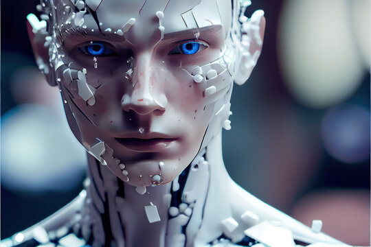 Close up portrait photo of incomplete humanoid android robot with Generative AI
