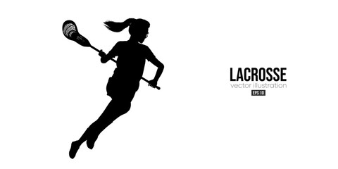 Abstract silhouette of a lacrosse player on white background. Lacrosse player woman are throws the ball. Vector illustration
