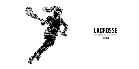 Abstract silhouette of a lacrosse player on white background. Lacrosse player woman are throws the ball. Vector illustration