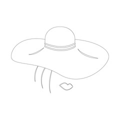 Contour drawing Abstract female face with lips and hair in wide brimmed hat. Sticker. Icon. Isolate
