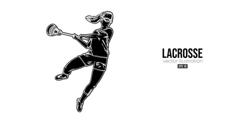 Abstract silhouette of a lacrosse player on white background. Lacrosse player woman are throws the ball. Vector illustration