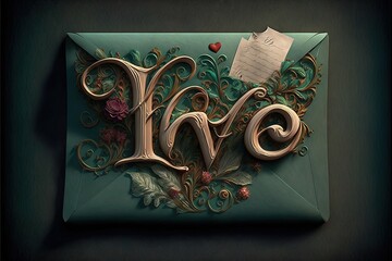a green envelope with a love letter and a note attached to it with a heart on it and a note attached to the envelope with a heart on it, and a green background with.