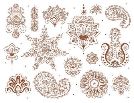 Mehendi flat icons set. Indian body art and temporary skin decoration. Decorative designs for drawing on hands