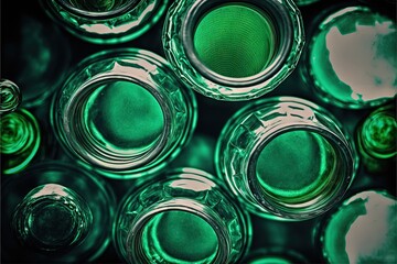 a group of green glass bottles filled with liquid and water, all stacked together, all with a green lid and a green bottom, all with a white line of the top and bottom.