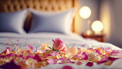 Obraz na płótnie Canvas Rose on the bed in the hotel rooms. Rose and her petals on the bed for a romantic evening