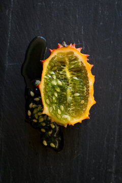 The horned melon is an exotic fruit from New Zealand.