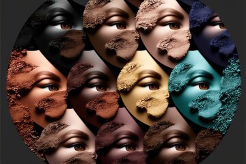 Obraz premium a circle of different colored powders with a woman's face in the center of the circle, with a black background and a black background with a white circle of different colored powders.