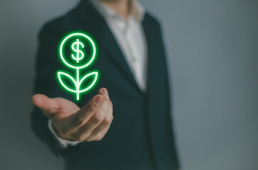 Business big hand giving money to businessman