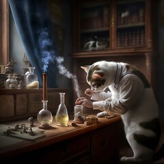 A chemist cat experiments in his laboratory with chemical reagents. Smart looking Cat scientist. Generative AI. Creative digital painting.