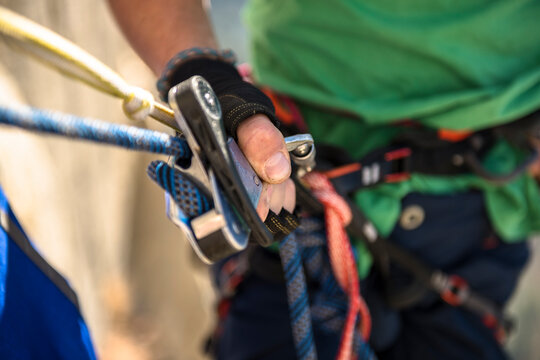 Two men free climbing a big wall route on El Capitan in Yosemite National Prk in the Sierra Nevada Mountains, California.
