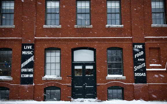 Classic brick building in winter, Portland, Maine, New England.