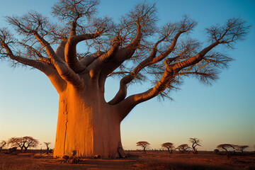 Fototapeta baobab on a dry sandy savannah in Africa, generative AI obraz