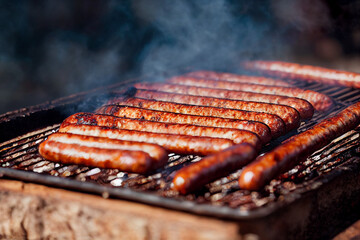 grilled sausages lie on the grill, great spring summer family barbecue, generative AI