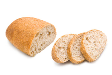 Half and slices ciabatta ( Italian bread ) isolated on white background. Copy space.	