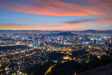 Fototapeta na wymiar South Korea landscapes. at Seoul City and Downtown skyline in Seoul, South Korea. sunrise sky