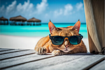 vacation on maldives, cat with sunglasses. Generative AI