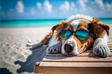 vacation on maldives, dog with sunglasses. Generative AI