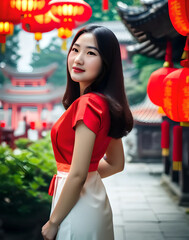 Portrait of an Asian woman in red dress celebrating Chinese new year. Generative Ai.