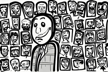 Cartoon emotionless man with images of faces behind