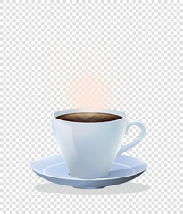 Cup with tea. Mug on plate with coffee or hot drink on copy space. Cookware, comfort and coziness. Menu cafe or restaurant. Cartoon flat vector illustration isolated on transparent background