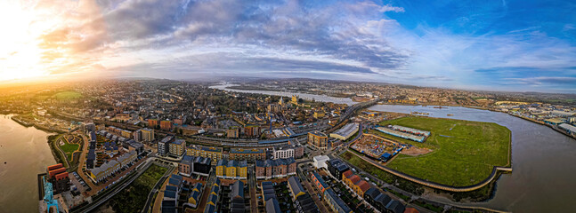 Aerial view of new commuters blocks in Rochester, a town in the unitary authority of Medway in...