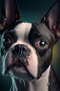 A portrait of a Boston Terrier dog alertly looking at the viewer. Generative AI illustration